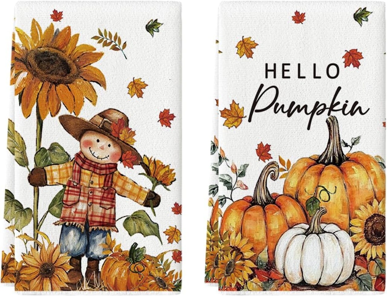 Scarecrow Pumpkin Fall Kitchen Towels – 2-Pack 18x26 Inch Farmhouse Sunflower Autumn Dish Towels, Hand Towels for Seasonal Kitchen Decor & Daily Use (Beige) 18"L x 26"W